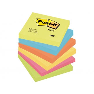Post-it 654 EN - Bloc de notas adhesivas, 76 x 76 mm, colores energía (amarillo, amarillo neón, celeste, naranja, rosa y verde), pack de 6 blocs de 100 hojas