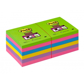 Post-it Super Sticky 654-12SSUC - Bloc de notas adhesivas, 76 x 76 mm, colores (amarillo, azul mediterráneo, fucsia, morado y verde neón), pack de 12 blocs de 90 hojas