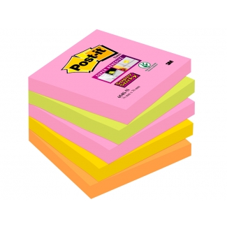 Post-it Super Sticky 654S-N - Bloc de notas adhesivas, 76 x 76 mm, colores Cape Town (amarillo, naranja, rosa y verde neón), pack de 5 blocs de 90 hojas
