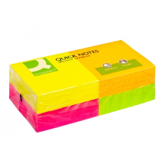 Q-Connect KF10508 - Bloc de notas adhesivas, 76 x 76 mm, colores fluorescentes, pack de 12 unidades surtidas en 4 colores, 80 hojas por color