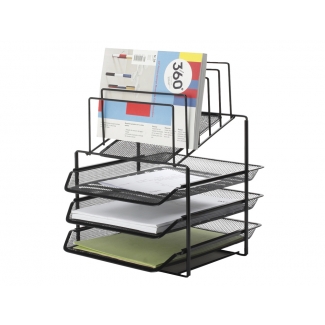 Q-Connect KF17296 - Bandeja de sobremesa metálica rejilla, 3 bandejas, con soportes superiores, color negro