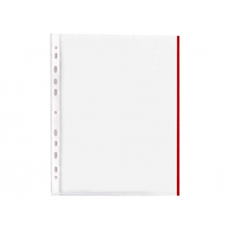 Q-Connect KF18051 - Funda multitaladro, A4, 70 micras, cristal, borde de color rojo, bolsa de 10 fundas