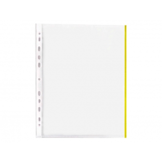 Q-Connect KF18053 - Funda multitaladro, A4, 70 micras, cristal, borde de color amarillo, bolsa de 10 fundas