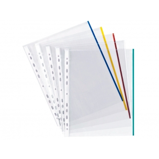 Q-Connect KF18061 - Funda multitaladro, A4, 70 micras, cristal, bordes de colores surtidos, bolsa de 25 fundas