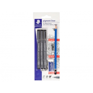 Staedtler Pigment Liner 308 SBK3P2 - Rotulador calibrado, pack de 3 (0,3, 0,5 y 0,7) + goma de borrar, lápiz y sacapuntas, color negro